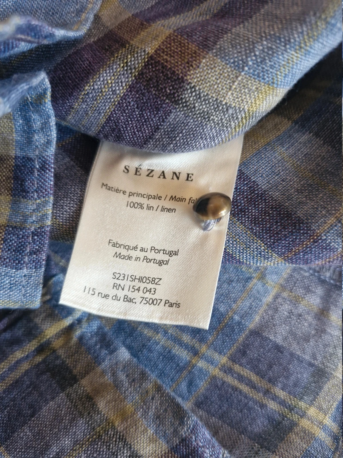 Sézane Violet Blue Checked Shirt Blouse 34 100% Linen with Ruffle – photo 6